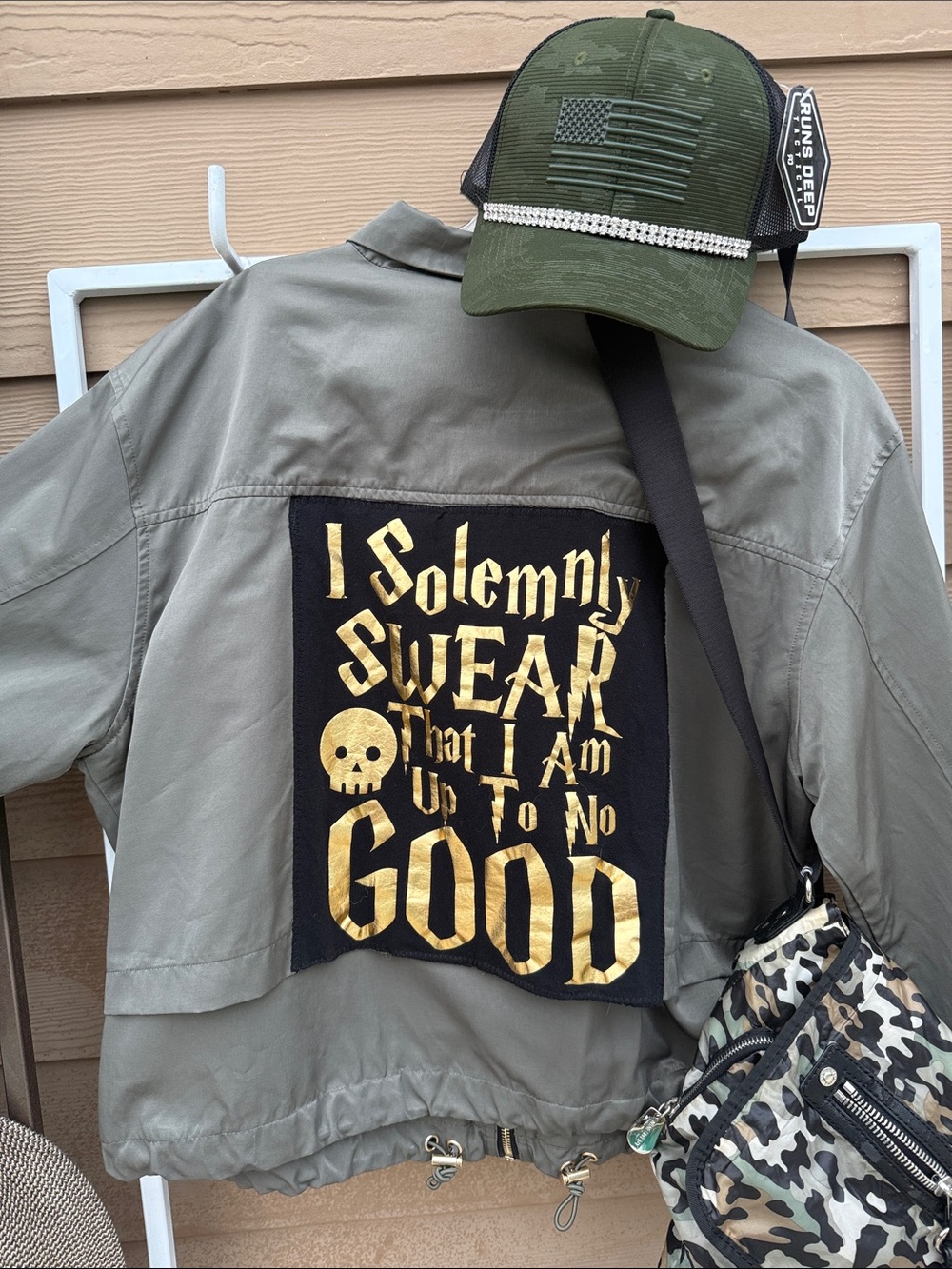 Olive Green Graphic Jacket with Gold Foil Patch